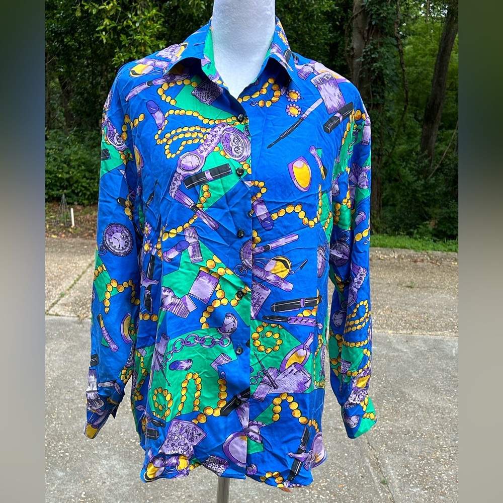 Vintage 1980's Oscar de la Renta silk novelty blouse quirky colorful